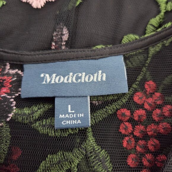 Modcloth Womens Black Mesh Floral Embroidered Dress Size L Feminine Fairy Whimsy - Picture 5 of 12